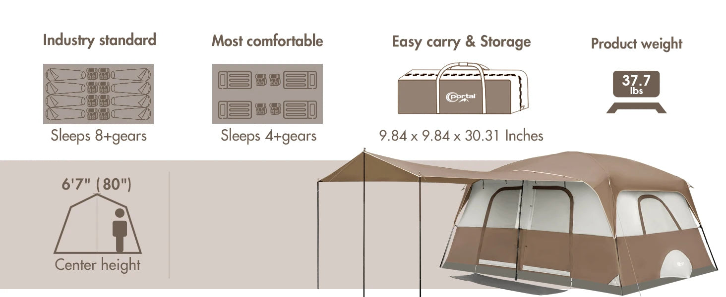 6 | 8 | 10 Person Family Camping Tent with Porch, Big Family Camping Tent with Tall Height, Good Ventilation, Water Resitant Large Tent for Outdoor Camping, Backyard