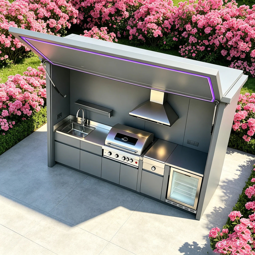 All-in-One Complete Custom Outdoor Kitchen, Premium Fully Equipped, Anti Wind Rain Snow for Residential Outdoor Use