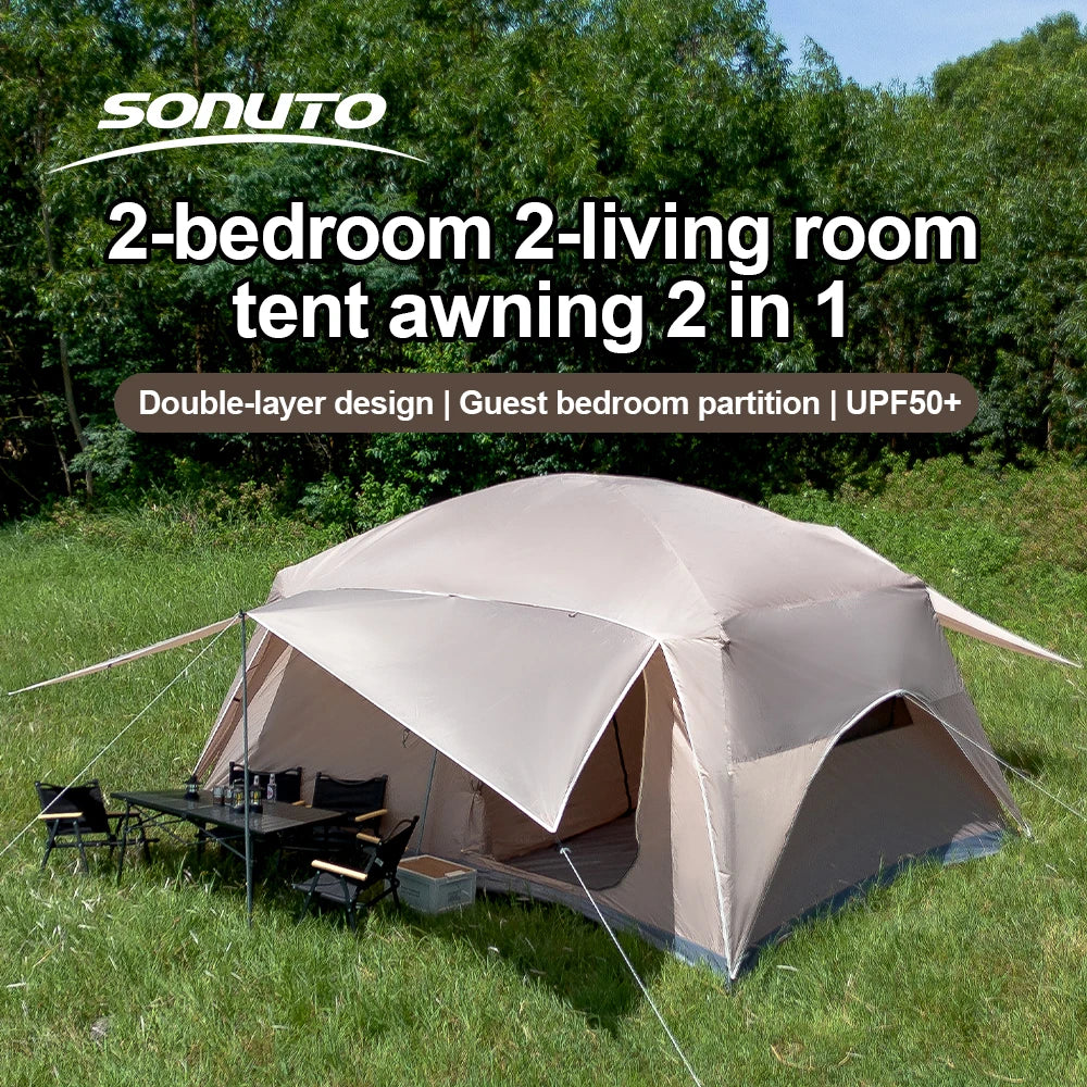 2025 8-12 P Family Camping Tent Extra Large Waterproof Windproof 2 Room Tent with Sun Protection Carry Bag Easy Setup Outdoor