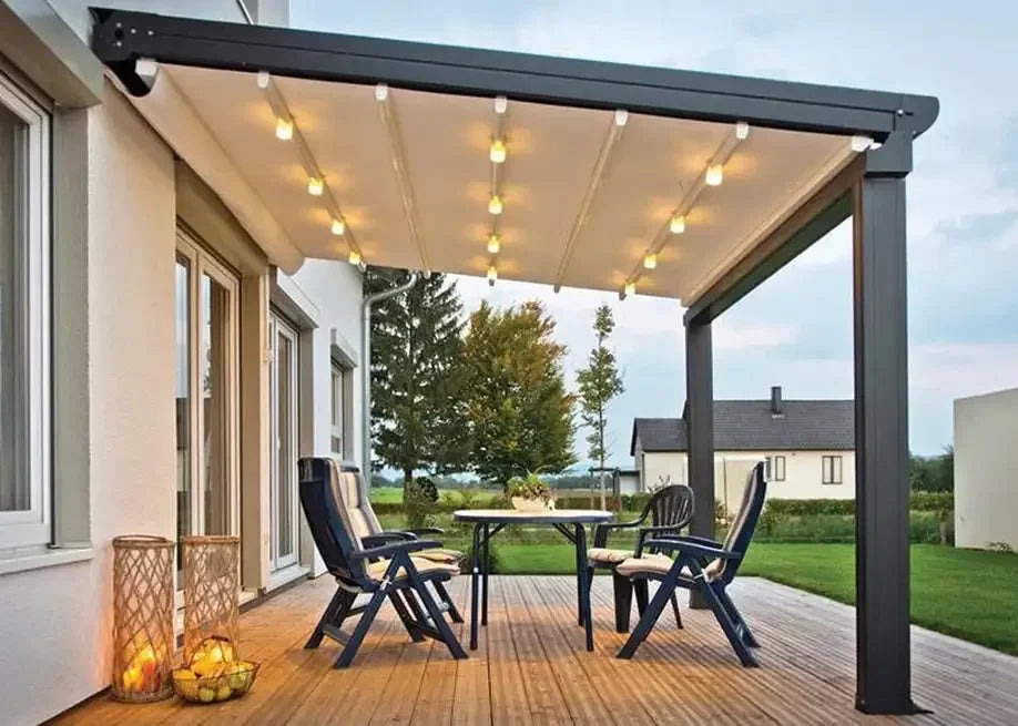 Outdoor Folding Sun Shade Aluminum Columns Backyard Retractable Sun Shelter LED Light Motorized Wall-mounted Foldable Gazebo