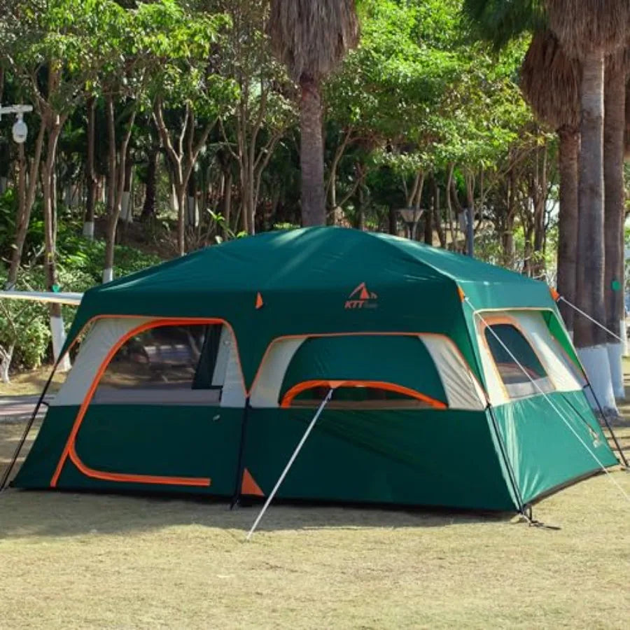 Extra Large Tent 12-14 Person, Family Cabin Tents, 2 Bay-Windows, 2 Rooms and 3 Doors 3 Windows with Mesh, Waterproof, Straight