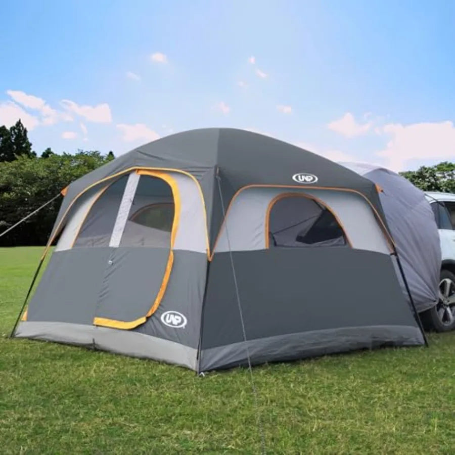Camping SUV tent for tailgate use, polyester fabric, gray color, quick-setup with rainfly and spacious 10'x9'x78in H interior