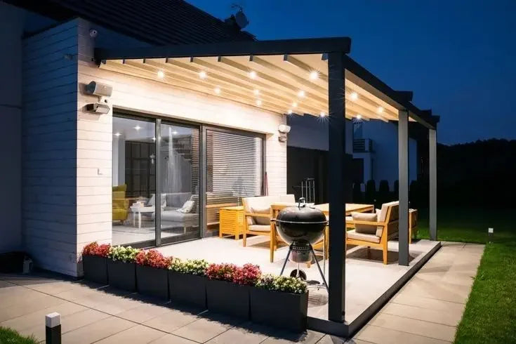 Outdoor Folding Sun Shade Aluminum Columns Backyard Retractable Sun Shelter LED Light Motorized Wall-mounted Foldable Gazebo