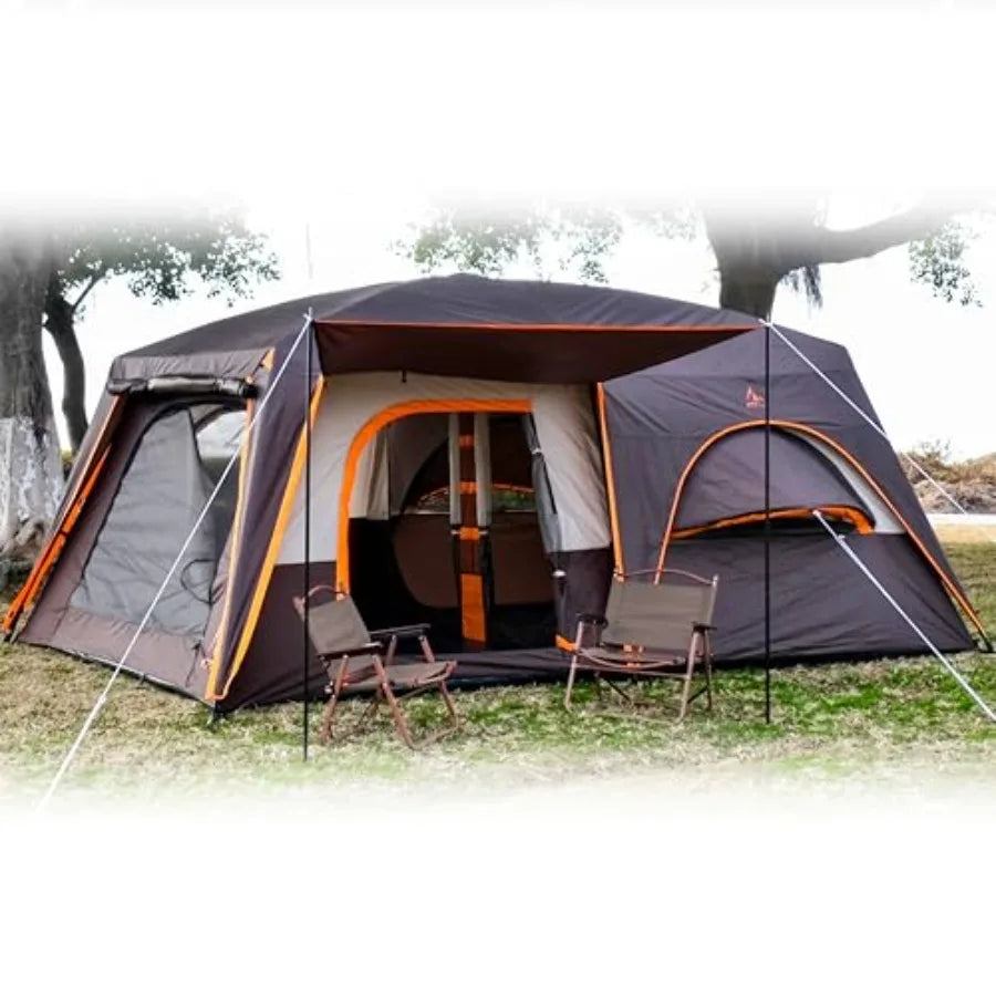 Extra Large Tent 12-14 Person, Family Cabin Tents, 2 Bay-Windows, 2 Rooms and 3 Doors 3 Windows with Mesh, Waterproof, Straight
