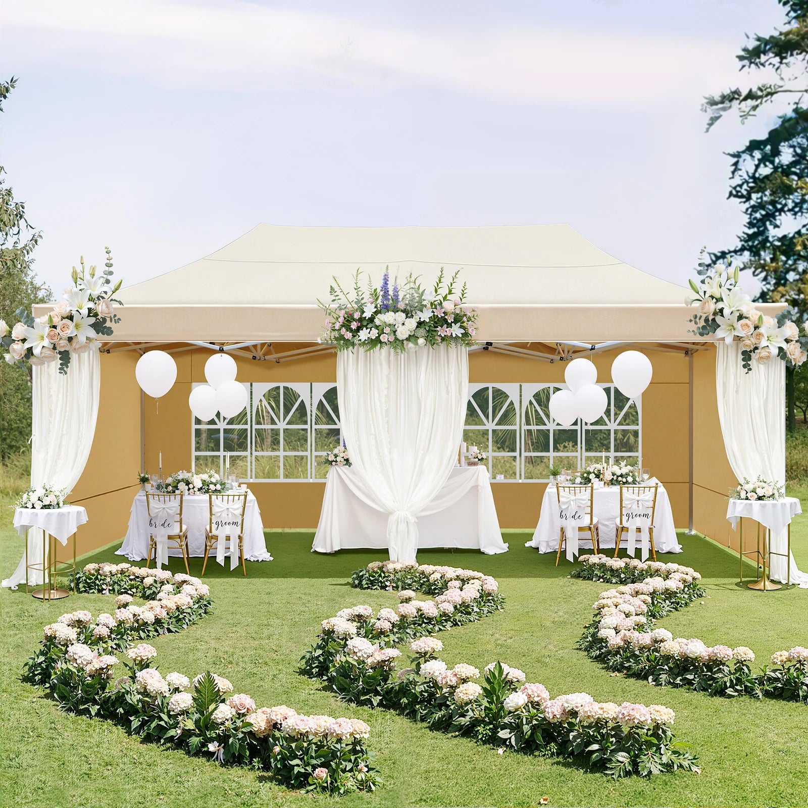 Tente à baldaquin : Tente de mariage extérieure avec fenêtres romaines - Baldaquin pliable pour fêtes dans la cour - Abri pare-soleil en tissu Oxford pour événements