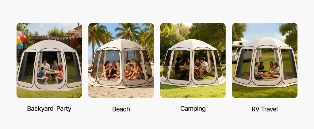 Pop-up Screen House Tent, 12 x 11 ft (approx. 3.7 x 3.4 m), screen gazebo for 10–12 people with extended awning, portable screened enclosure with carry bag and mesh walls, ideal for patios, backyards and outdoor activities