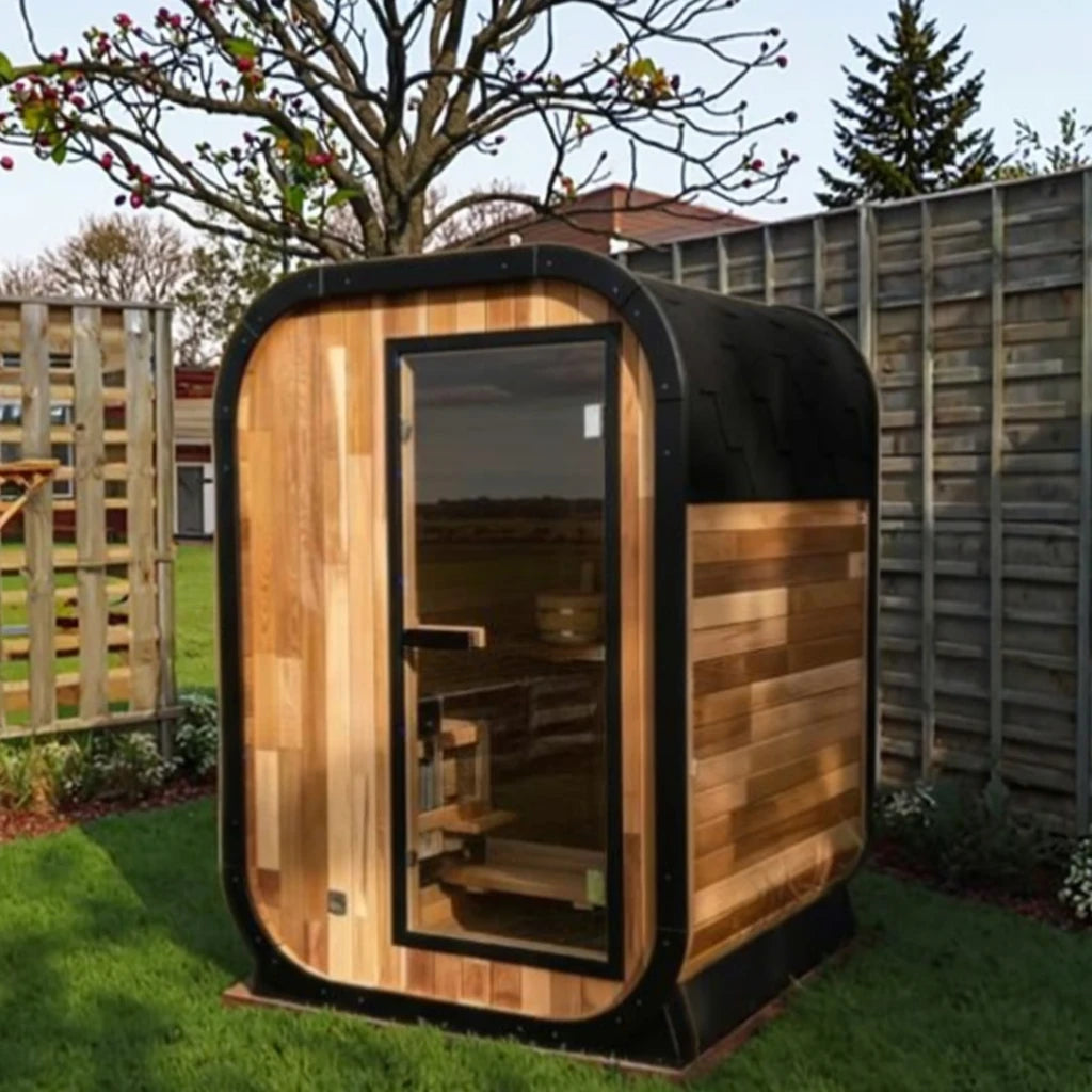 Cette salle de sauna extérieure peut accueillir 1 à 2 personnes, est en bois de sequoia, est imperméable et convient aux cours et aux villas.