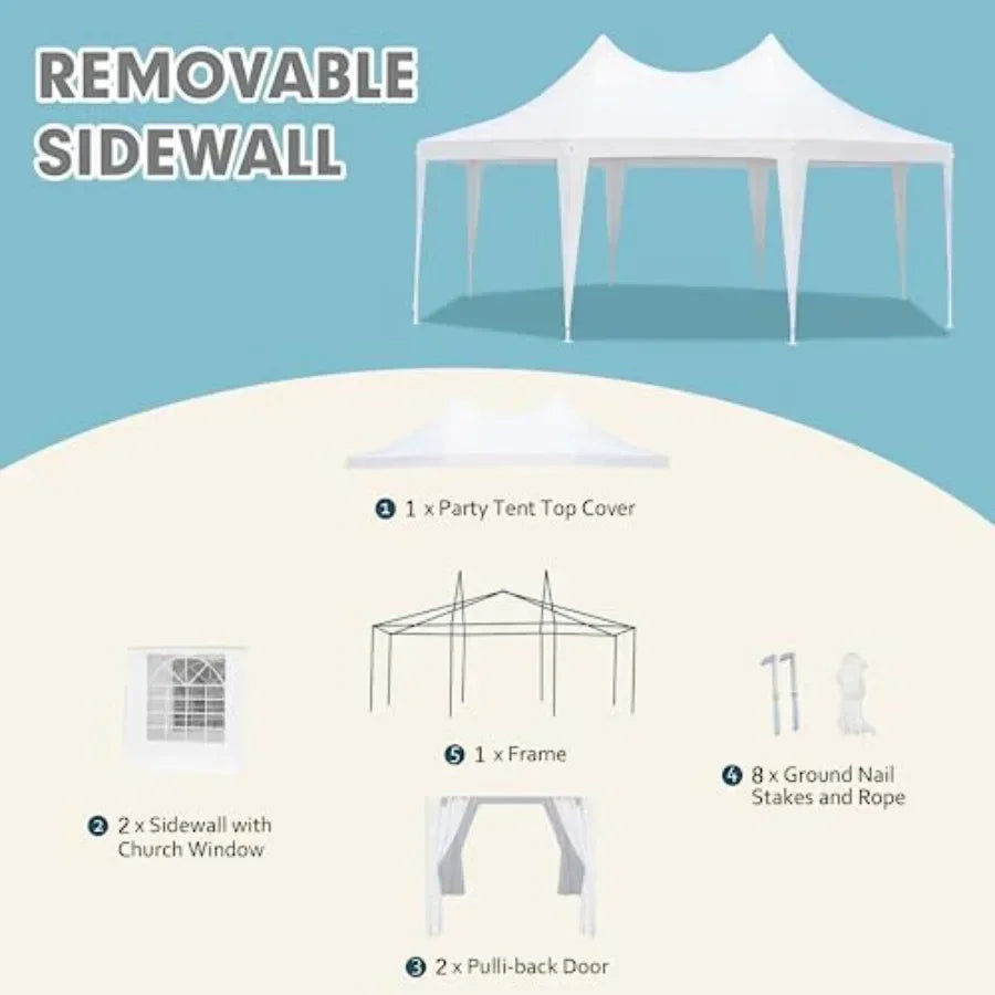 20x15ft Party Tent White Wedding Octagonal Heavy Duty  with 6 Removable Sidewalls 6 Church Windows and 2 Pull-Back Doors Outdoo