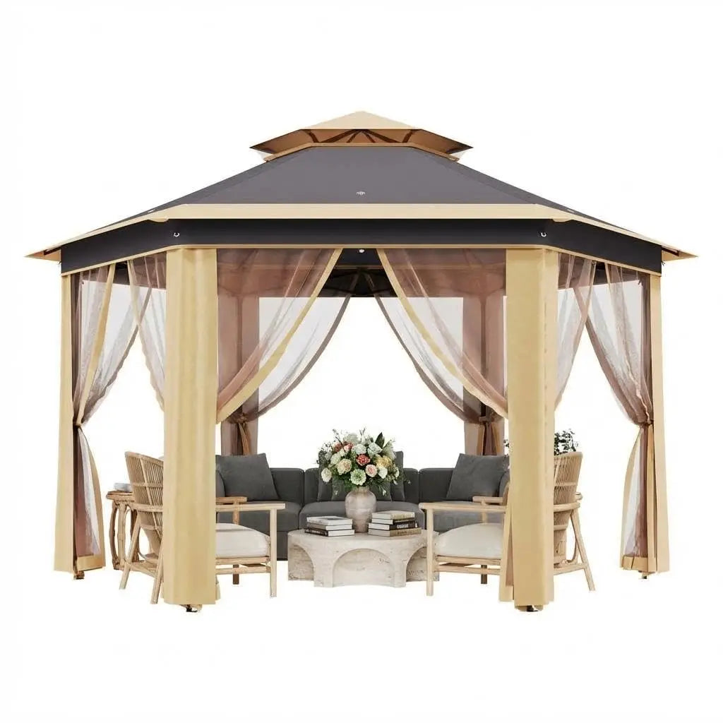 Tonnelle pop-up robuste 13x13 pieds à 6 côtés – Toit à double ventilation, fenêtres en maille, moustiquaire, réglable, personnalisable