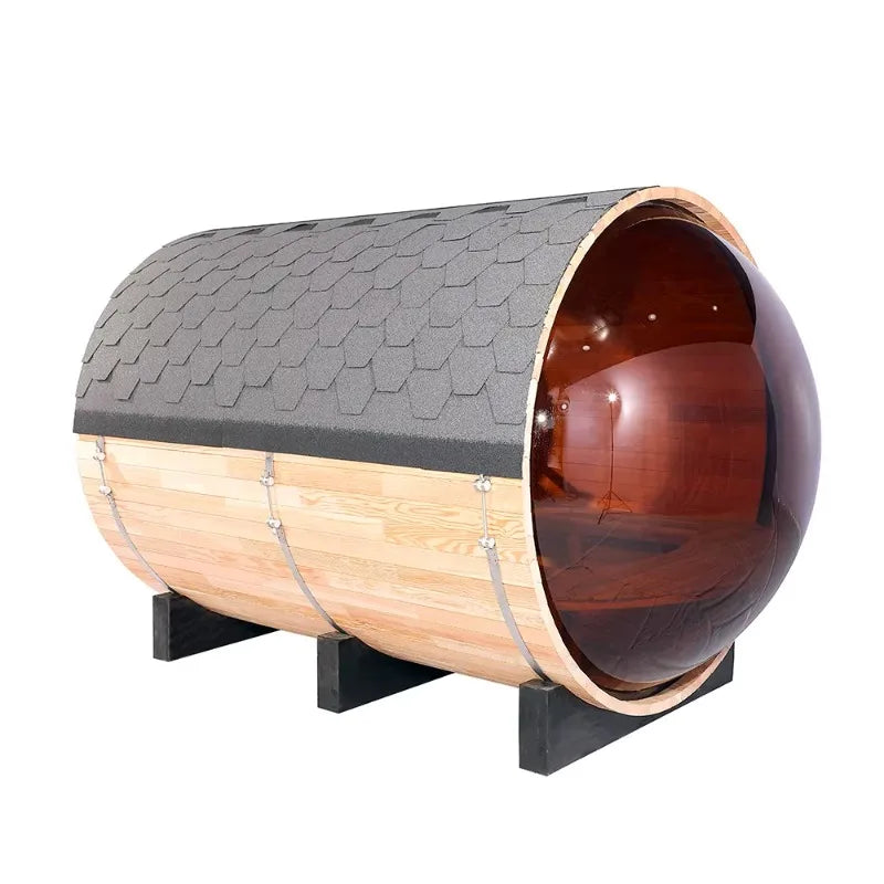 Sauna extérieur en cèdre rouge canadien pour 6 personnes avec vue panoramique et véranda.
