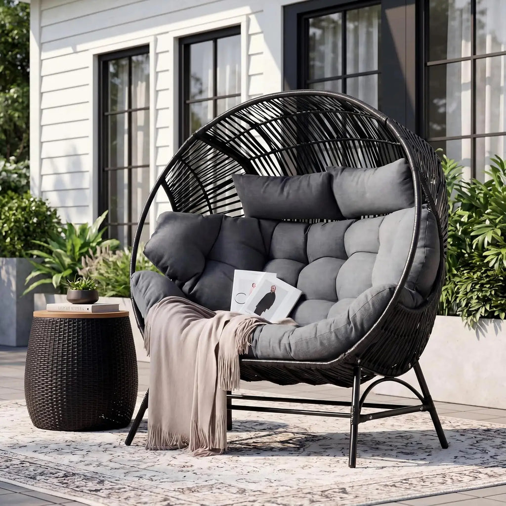 Outdoor Round Egg Chair with Armrest, Double Lounge Chair with Cushions & Headrests, Wicker Patio Backyard Seat, Black, Custom