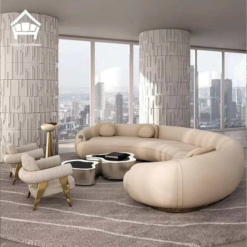 High End Villa Living Room Set Curved Sofa Leather Fabric Brass Corner Couch Italian Designer Furniture Sofas Modernos