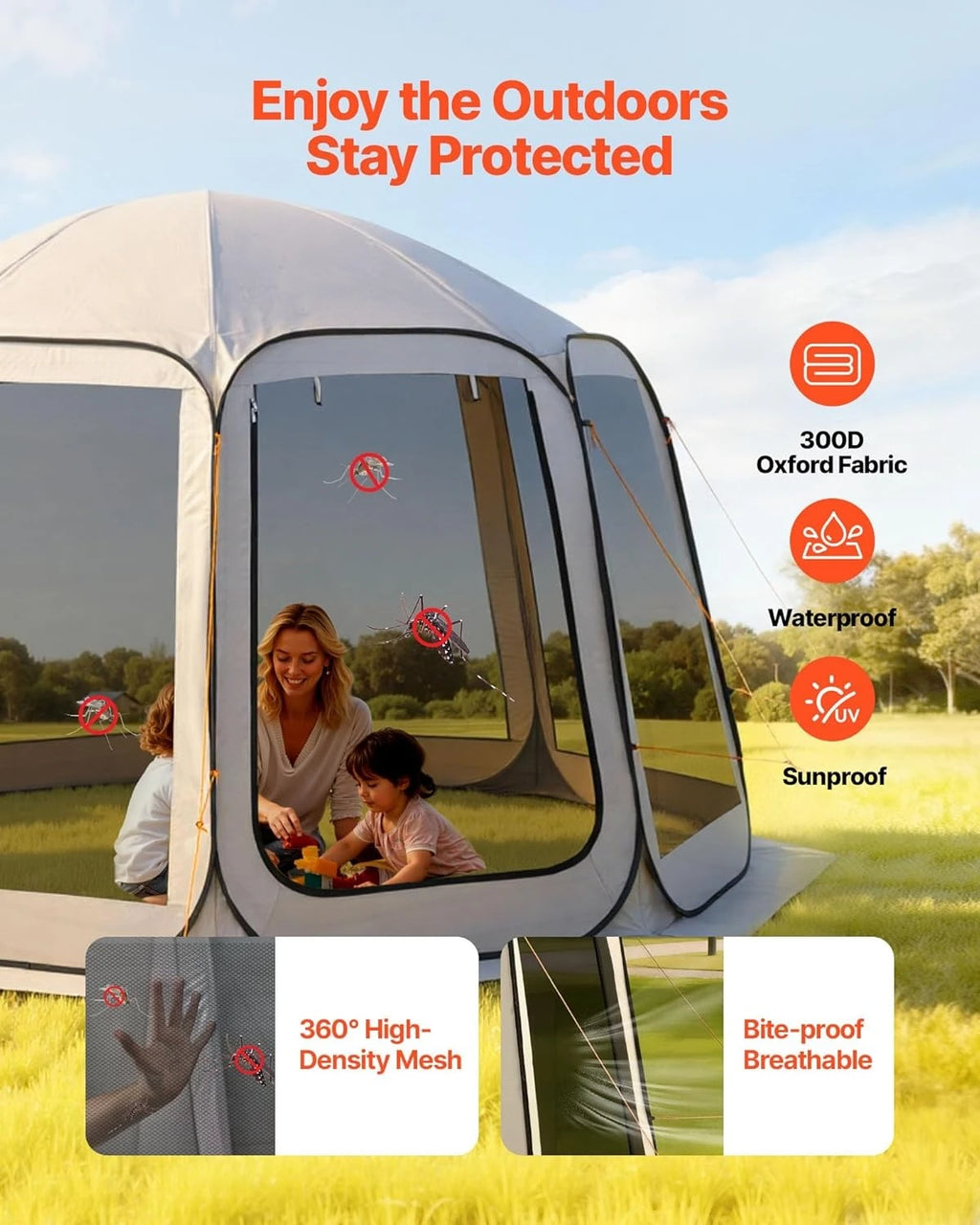 Pop-up Screen House Tent, 12 x 11 ft (approx. 3.7 x 3.4 m), screen gazebo for 10–12 people with extended awning, portable screened enclosure with carry bag and mesh walls, ideal for patios, backyards and outdoor activities