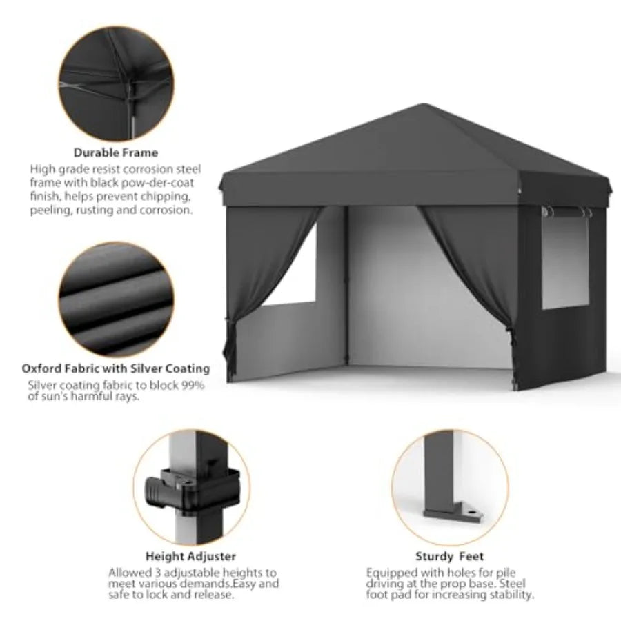 Outdoor party tent with 10x10 pop-up canopy, black polyester fabric, one-button push setup, 3-height adjustment, includes 4 sid