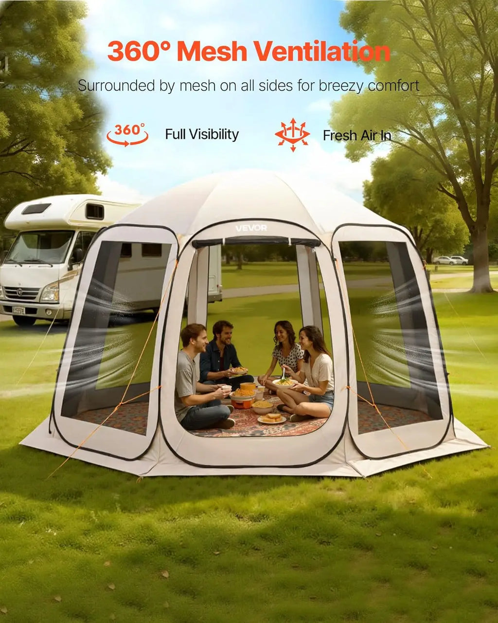 Pop-up Screen House Tent, 12 x 11 ft (approx. 3.7 x 3.4 m), screen gazebo for 10–12 people with extended awning, portable screened enclosure with carry bag and mesh walls, ideal for patios, backyards and outdoor activities