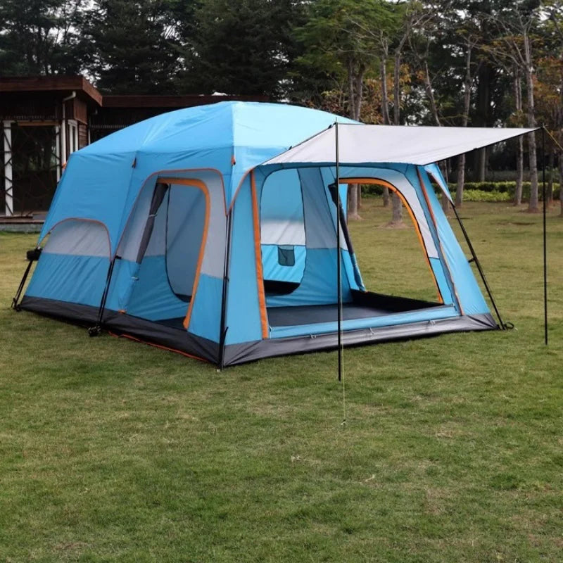 4/8/12-person outdoor family camping tent with a removable awning; spacious interior accommodates multiple people; multiple mesh windows provide ventilation and keep out mosquitoes; windproof, waterproof, and UV-resistant; su