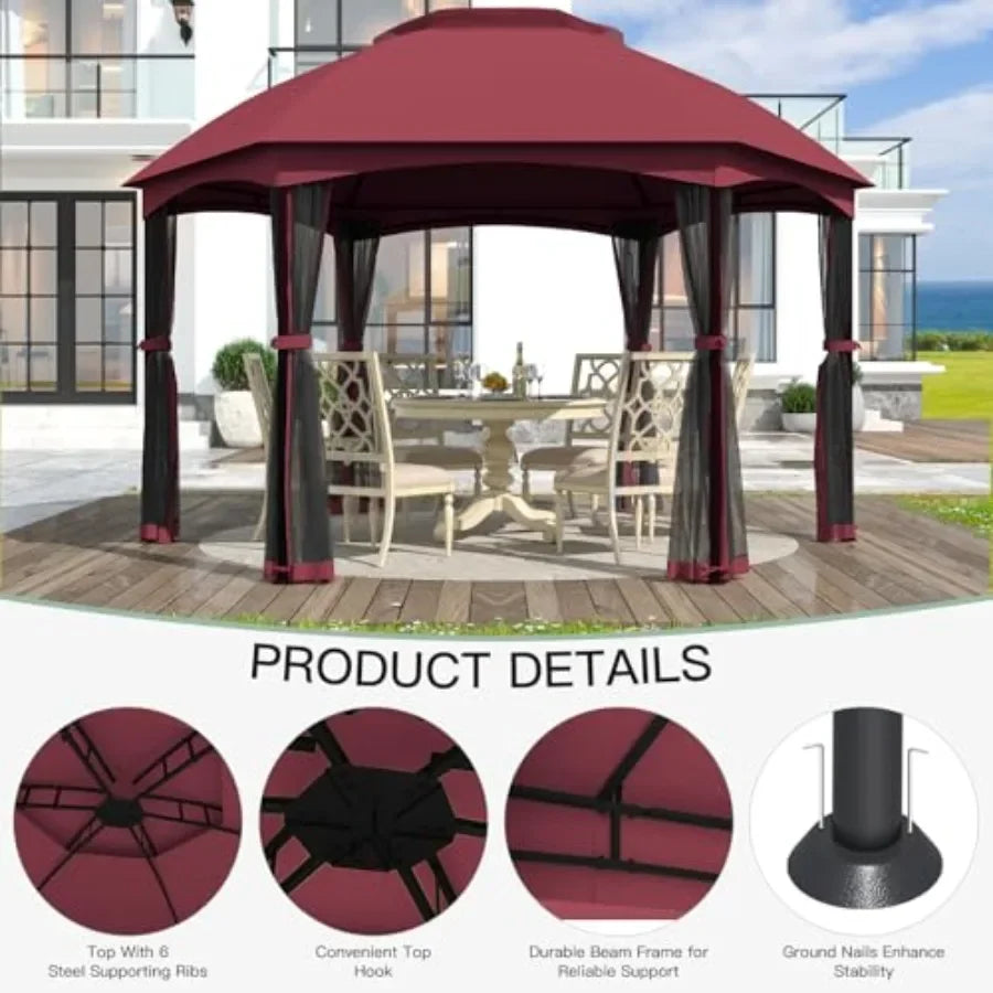 Gazebos on Clearance 13 x 13 Ft 6 Sided Outdoor Gazebo with Double Air Roofs and Netting Walls Heavy Duty Steel Fe Gazebo Tent