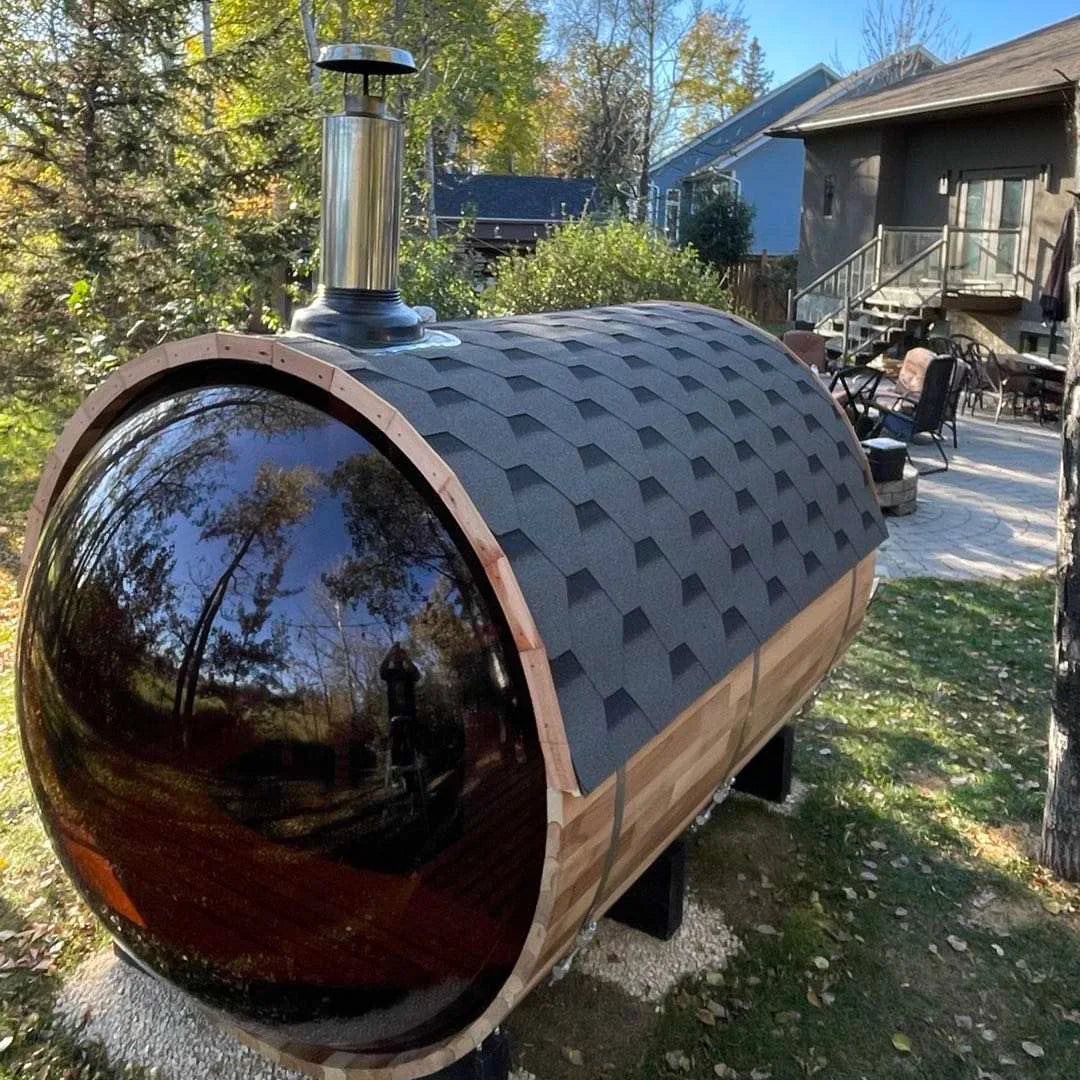 Outdoor barrel traditional steam cedar wood sauna with wood burning stove