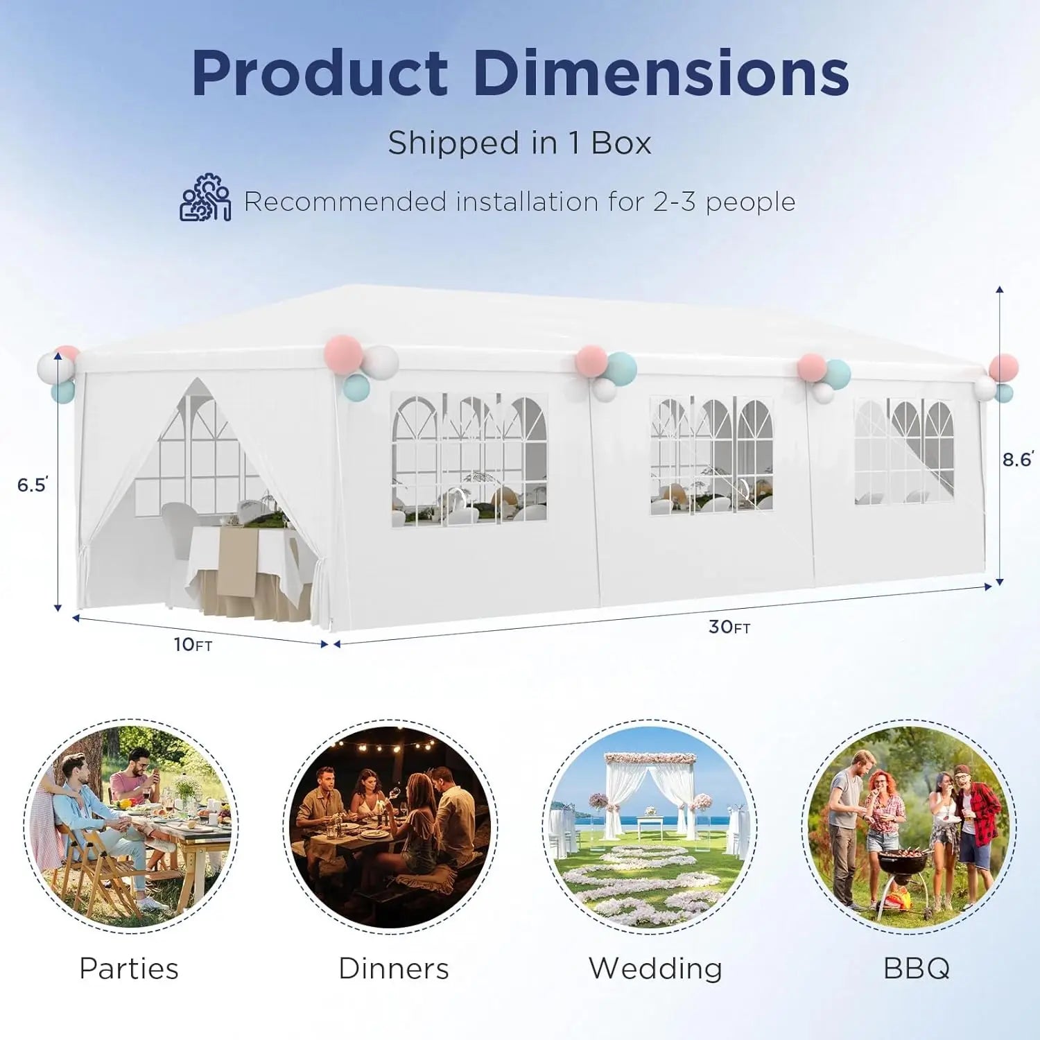 10x30 Ft Outdoor Party Canopy, Waterproof Heavy Duty Wedding Tent with 6 Sidewalls & 2 Zippered Doors, Event Tent for, Custom