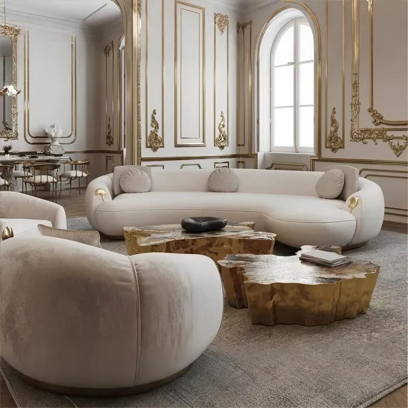 High End Villa Living Room Set Curved Sofa Leather Fabric Brass Corner Couch Italian Designer Furniture Sofas Modernos