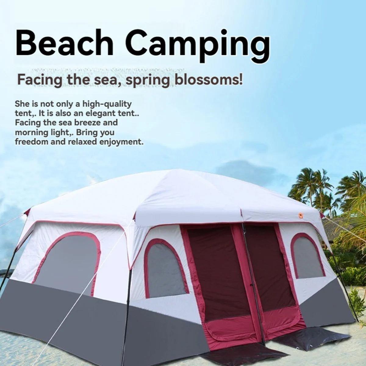 4/8/12-Person Extra-Large Camping Tent Spacious interior perfect for group trips. Waterproof, UV-resistant, and windproof. 360° mesh ventilation keeps out insects. Ideal for picnics, vacations, and lakeside relaxation. Suita