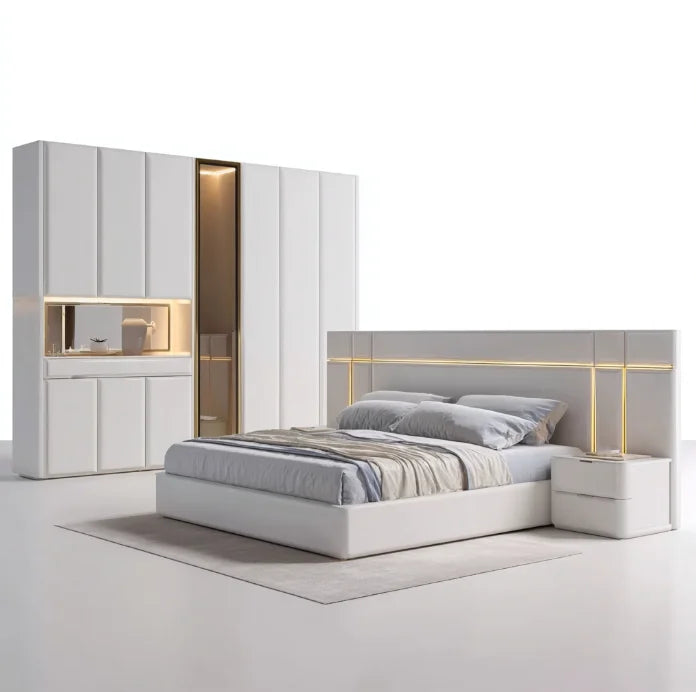 # Ensembles de chambre à coucher en cuir de luxe, lit double moderne avec rangement, pour appartement et hôtel, ensemble de meubles de chambre king size