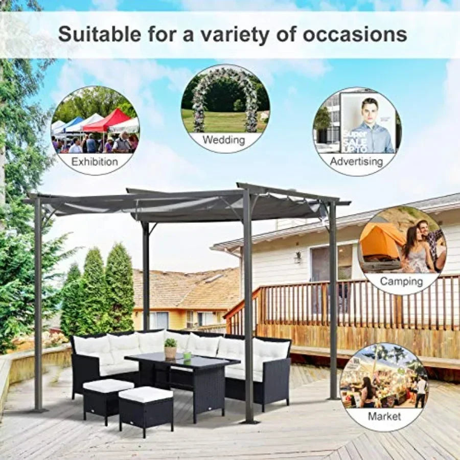 10' x 10' Outdoor Retractable Pergola  Metal Patio Shade Shelter for Backyard Porch Party Garden Grill Gazebo Gray