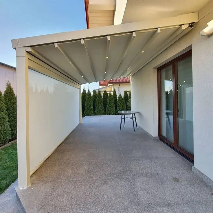 Outdoor Folding Sun Shade Aluminum Columns Backyard Retractable Sun Shelter LED Light Motorized Wall-mounted Foldable Gazebo