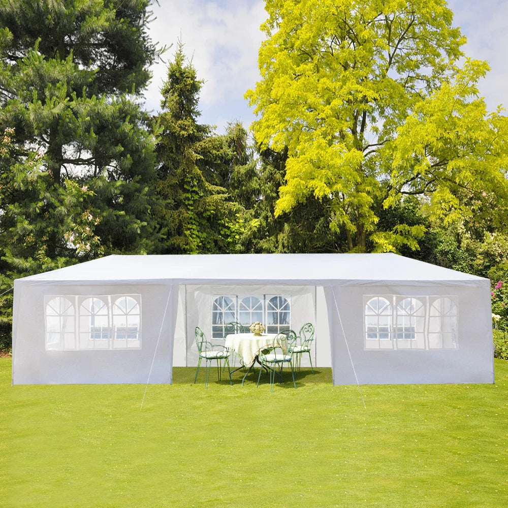 Tente de réception blanche 10'x30' avec 7 parois latérales amovibles, en tissu PE et structure en fer, abri de jardin imperméable avec fenêtres pour mariages, événements en extérieur, patios, ou comme abri commercial.