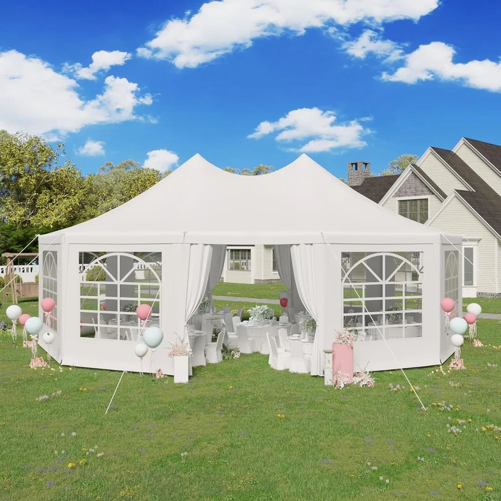 26'x19' Party Tent, White Wedding Tent, Decagonal Heavy Duty Canopy with 8 Removable Sidewalls, 8 Church Windows and 2 Pull-Bac