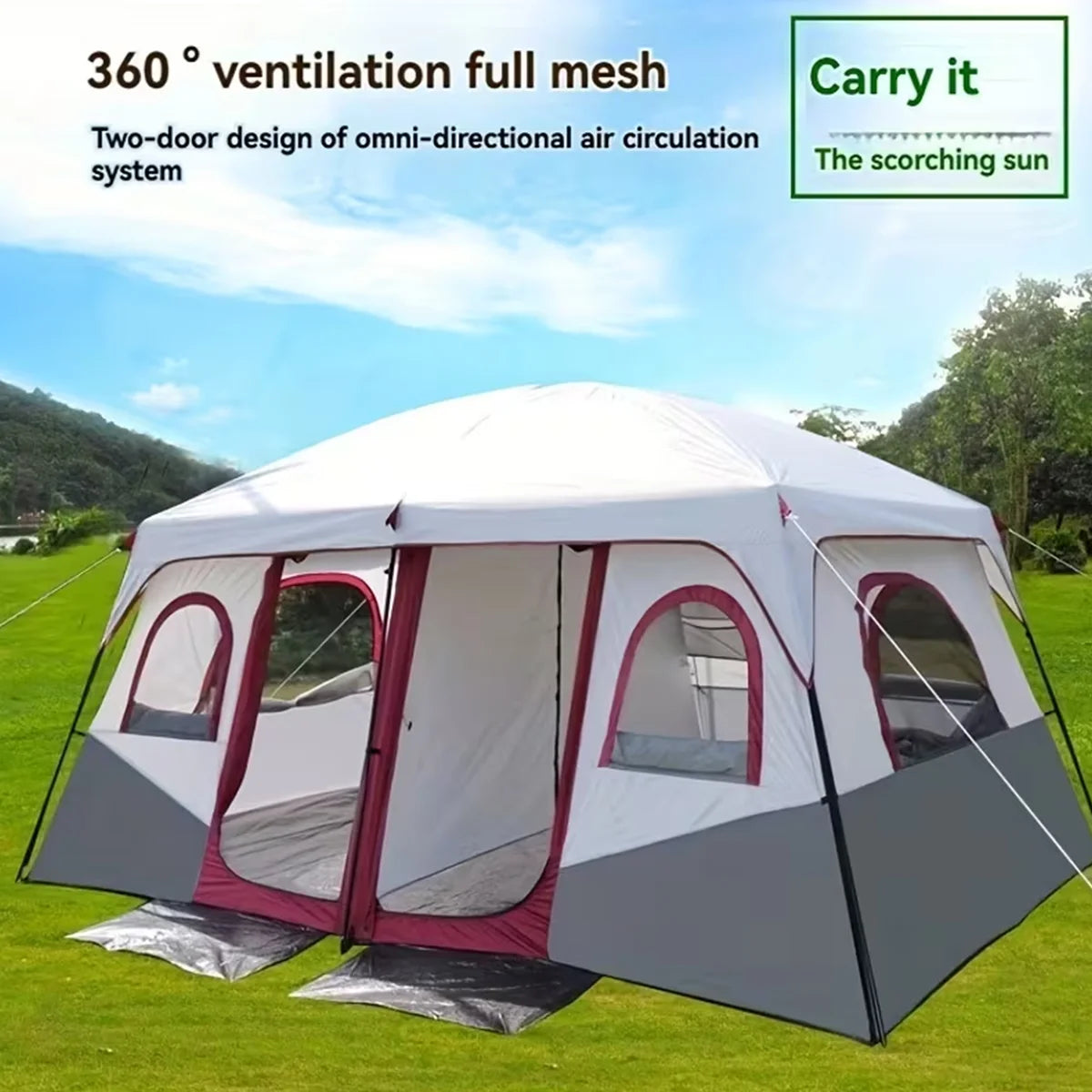 4/8/12-Person Extra-Large Camping Tent Spacious interior perfect for group trips. Waterproof, UV-resistant, and windproof. 360° mesh ventilation keeps out insects. Ideal for picnics, vacations, and lakeside relaxation. Suita