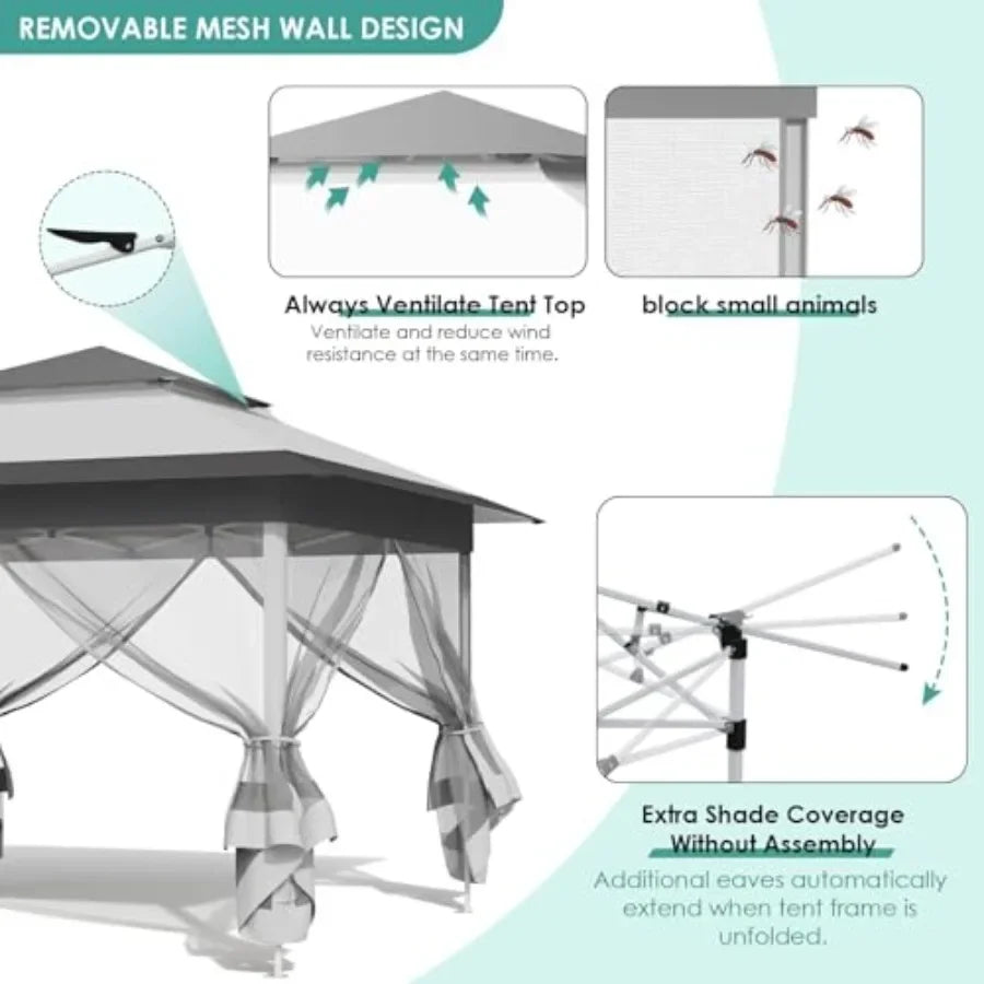 13Feet Pop Up Gazebo Outdoor   Tent w/4 Netting Sidewall Auto Extending Eave Patio Gazebos Shelter w/Mesh Wall Center Lock Whee
