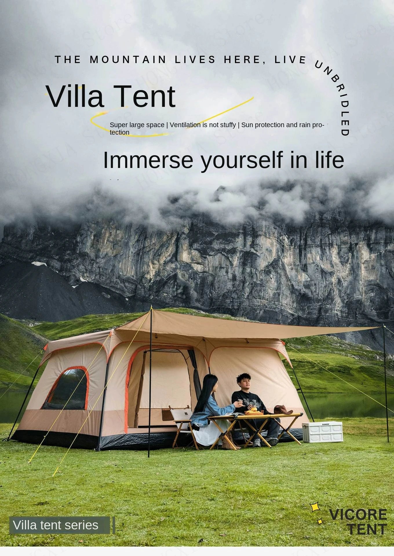 Double Rainproof Outdoor Tent, 2 Rooms and 1 Hall Villa Tent, Camping Tents, 4-10 Person, Overnight Camping Equipment, New