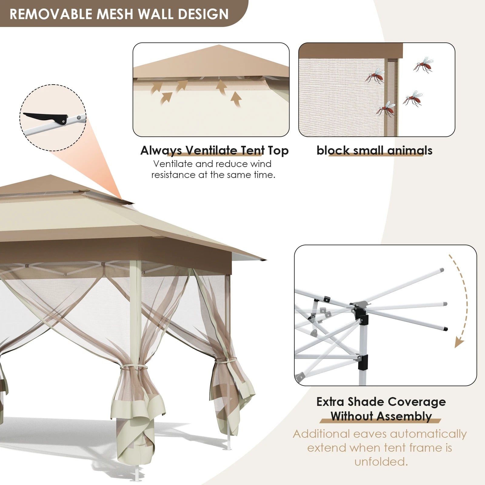 Gazebo 3.3x3.3m Waterproof Stable Pop Up Folding Gazebo, Adjustable Garden Gazebo with 4 Mosquito Net Side Panels & Double Roof