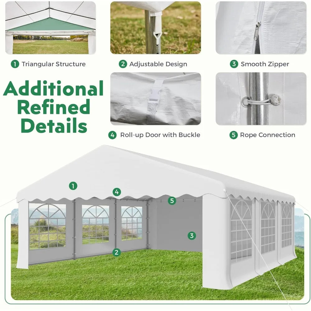 20X20FT Party Tent, White Outdoor Wedding Canopy with Removable Sidewalls and Church Windows, Heavy Duty Pavilion Shelter