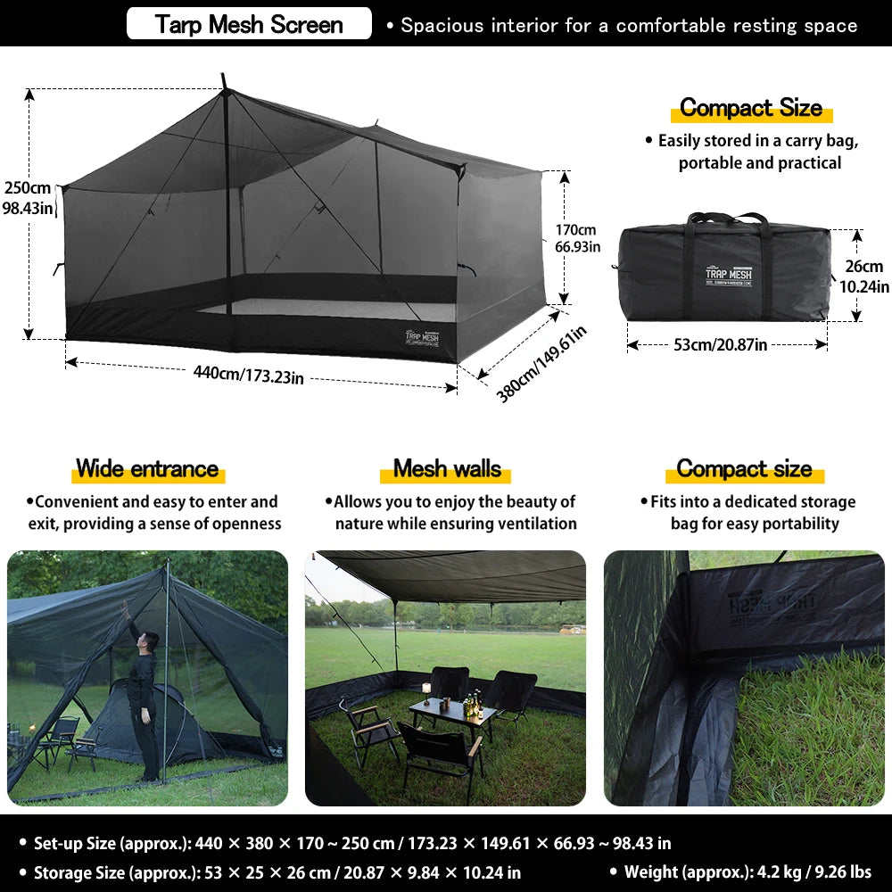 Soomloom Mesh Screen for 5×4M Tarp – Lightweight Mosquito Tent with Skirt, Insect-Proof Mesh Shelter for Summer Outdoor Camping