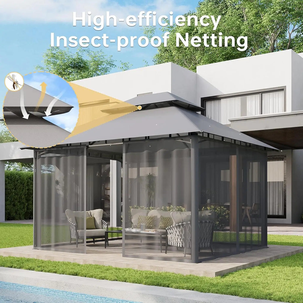 Customized Heavy-Duty Outdoor Gazebo with Double Roof, Mosquito Netting & Zipper Screens, Perfect for Party & Patio Use