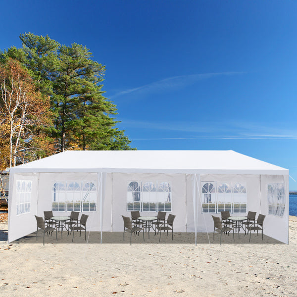 Tente de réception extérieure 10'x30', auvent imperméable avec 5 parois latérales amovibles et fenêtres de style église, grand gazebo pour mariage, anniversaire, barbecue en plein air, blanc