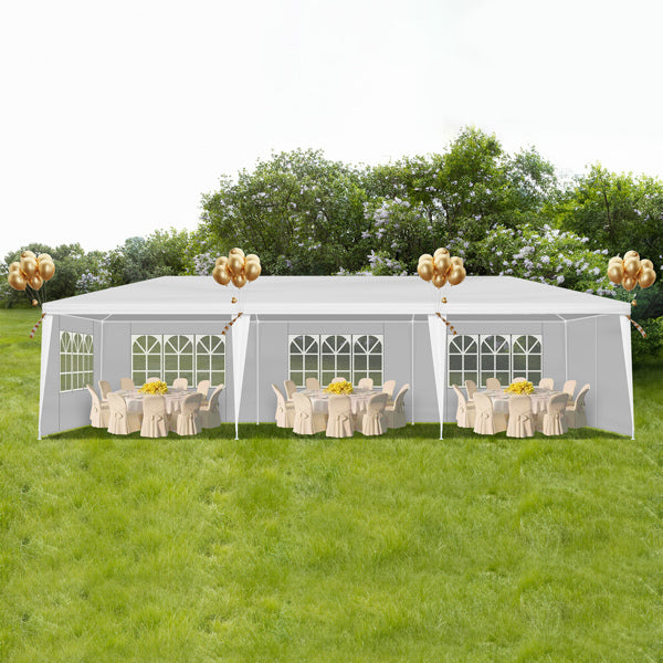 Tente de réception blanche 10'x30' avec 8 parois latérales amovibles, en tissu PE et structure en fer, gazebo d'extérieur imperméable avec fenêtres pour mariages, événements en plein air, abri de patio