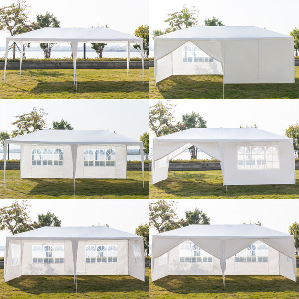 Tente de réception blanche 10'x20' avec 6 parois latérales amovibles, en tissu PE et structure en fer, gazebo d'extérieur imperméable avec fenêtres pour mariages, événements en plein air, abri de patio, usage commercia