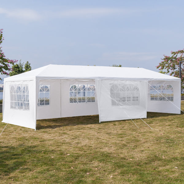 Tente de réception blanche 10'x30' avec 7 parois latérales amovibles, en tissu PE et structure en fer, abri de jardin imperméable avec fenêtres pour mariages, événements en extérieur, patios, ou comme abri commercial.