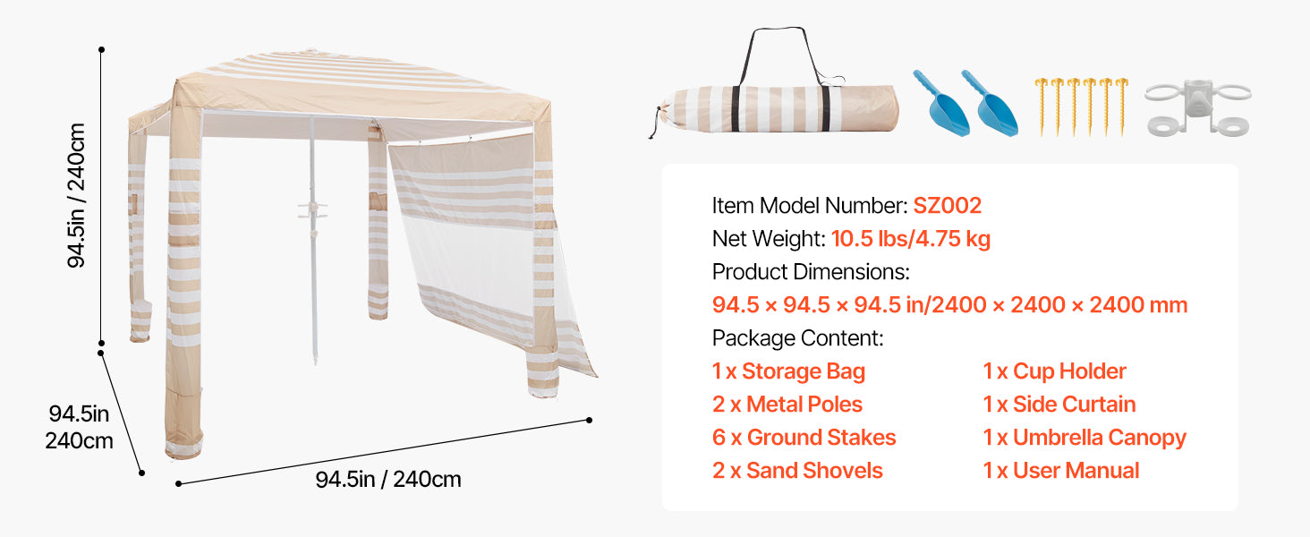 SucceBuy Beach Cabana 8 x 8 ft Adjustable Height Portable UPF 50+ Protection with Side Wall Sand Pockets for Family & Friends