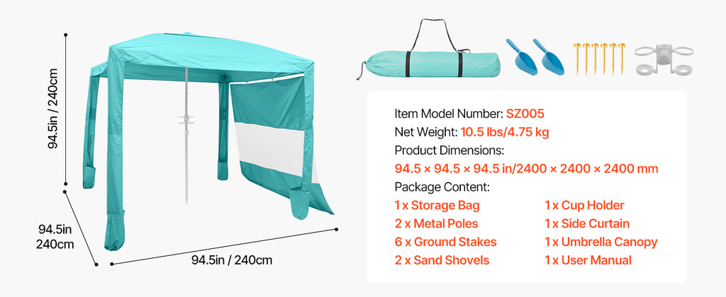 SucceBuy Beach Cabana 8 x 8 ft Adjustable Height Portable UPF 50+ Protection with Side Wall Sand Pockets for Family & Friends