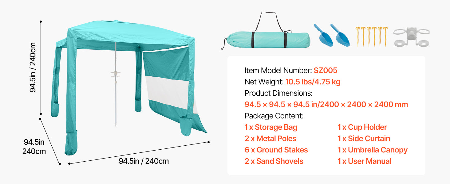 SucceBuy Beach Cabana 8 x 8 ft Adjustable Height Portable UPF 50+ Protection with Side Wall Sand Pockets for Family & Friends