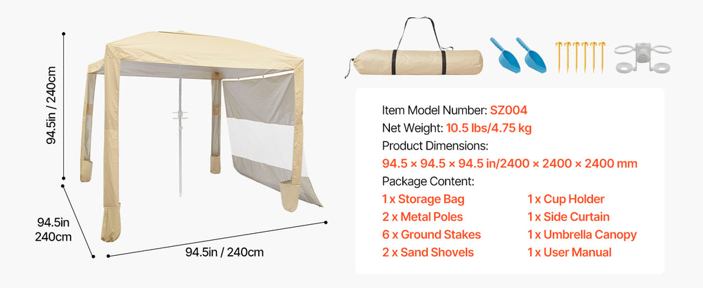 SucceBuy Beach Cabana 8 x 8 ft Adjustable Height Portable UPF 50+ Protection with Side Wall Sand Pockets for Family & Friends