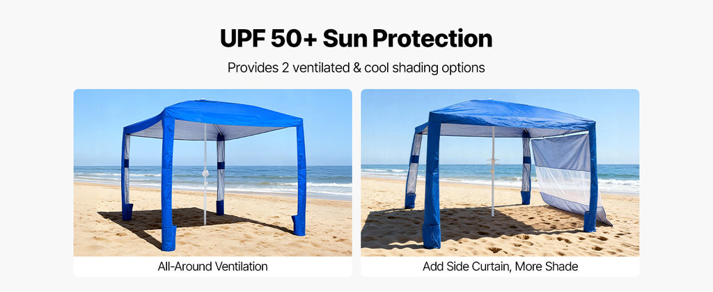 SucceBuy Beach Cabana 8 x 8 ft Adjustable Height Portable UPF 50+ Protection with Side Wall Sand Pockets for Family & Friends