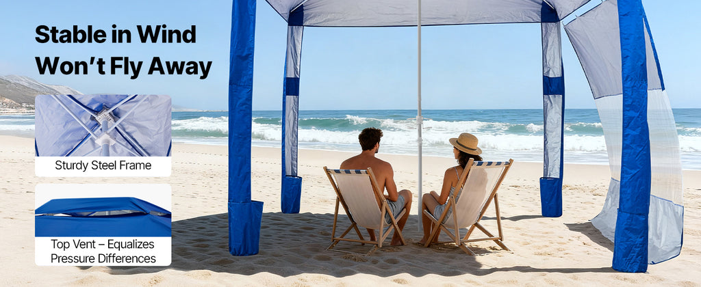 SucceBuy Beach Cabana 8 x 8 ft Adjustable Height Portable UPF 50+ Protection with Side Wall Sand Pockets for Family & Friends