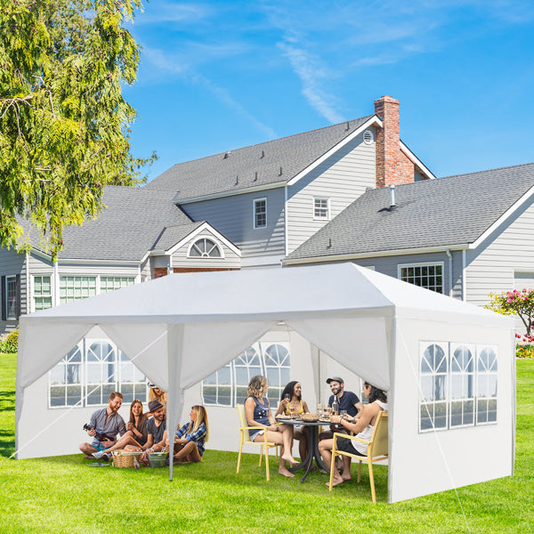 Tente de réception blanche 10'x20' avec 6 parois latérales amovibles, en tissu PE et structure en fer, gazebo d'extérieur imperméable avec fenêtres pour mariages, événements en plein air, abri de patio, usage commercia
