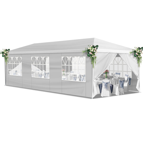 Tente de réception blanche 10'x30' avec 8 parois latérales amovibles, en tissu PE et structure en fer, gazebo d'extérieur imperméable avec fenêtres pour mariages, événements en plein air, abri de patio