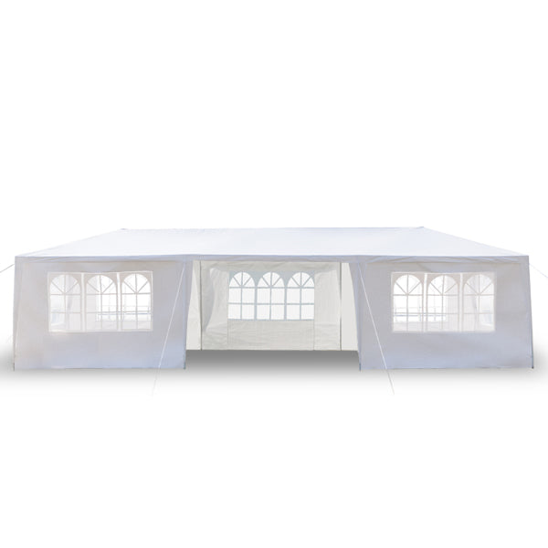 Tente de réception blanche 10'x30' avec 7 parois latérales amovibles, en tissu PE et structure en fer, abri de jardin imperméable avec fenêtres pour mariages, événements en extérieur, patios, ou comme abri commercial.